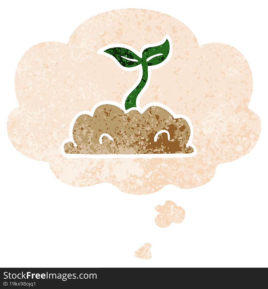 cartoon growing seedling and thought bubble in retro textured style