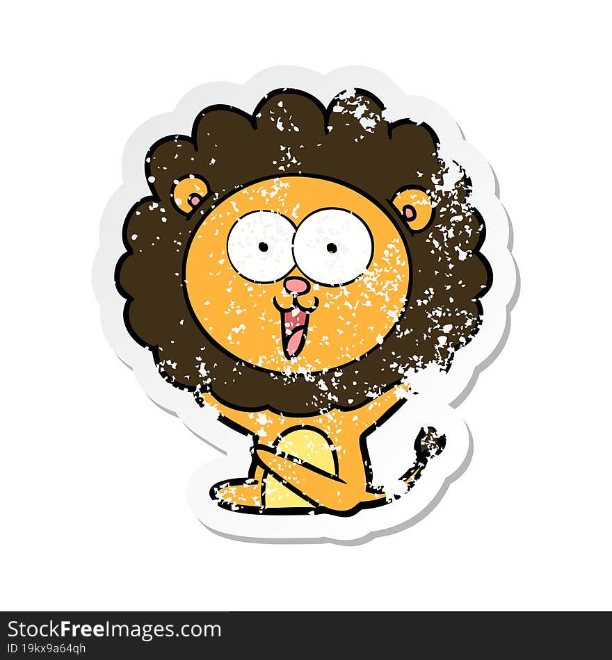 distressed sticker of a happy cartoon lion