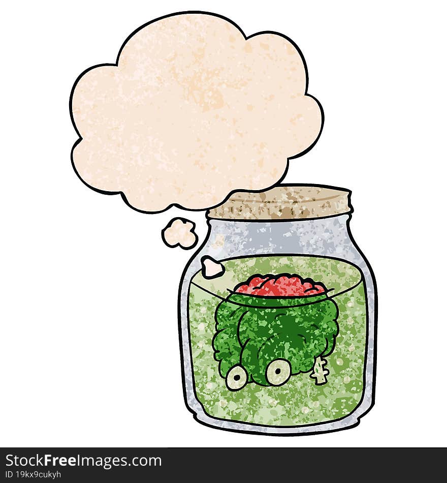 cartoon spooky brain in jar and thought bubble in grunge texture pattern style