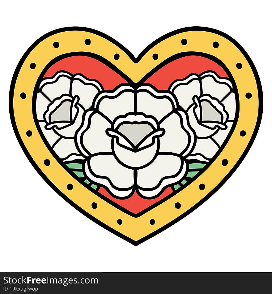 tattoo in traditional style of a heart and flowers. tattoo in traditional style of a heart and flowers