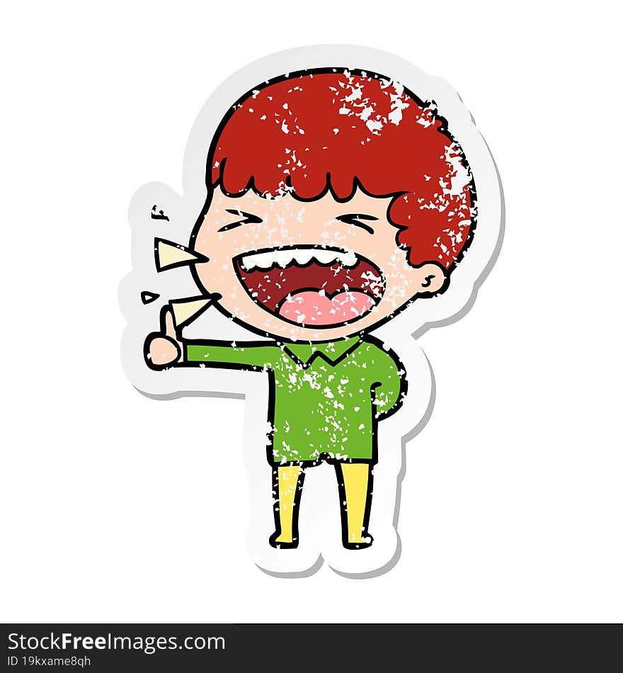 distressed sticker of a cartoon laughing man