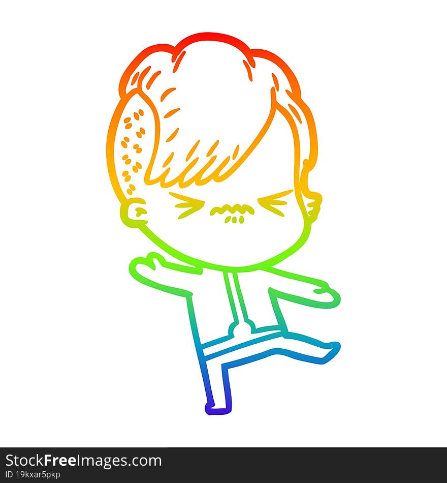 rainbow gradient line drawing of a cartoon annoyed hipster girl wearing space suit