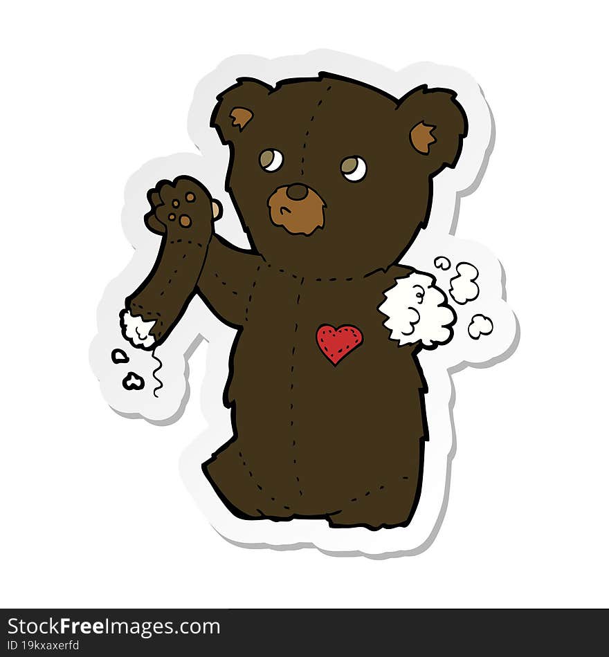 sticker of a cartoon teddy black bear with torn arm