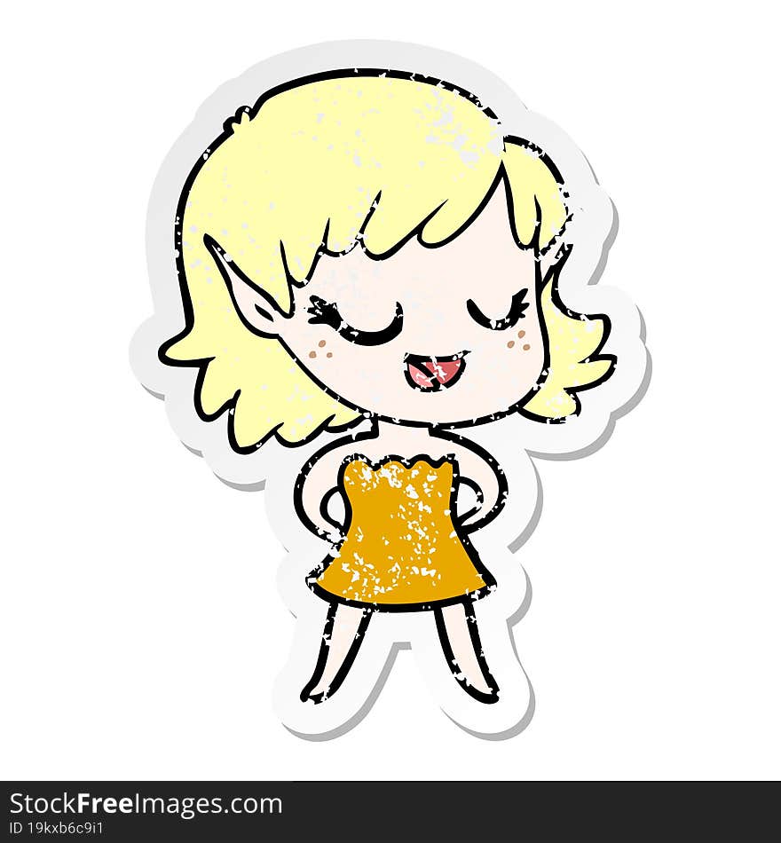 distressed sticker of a happy cartoon elf girl