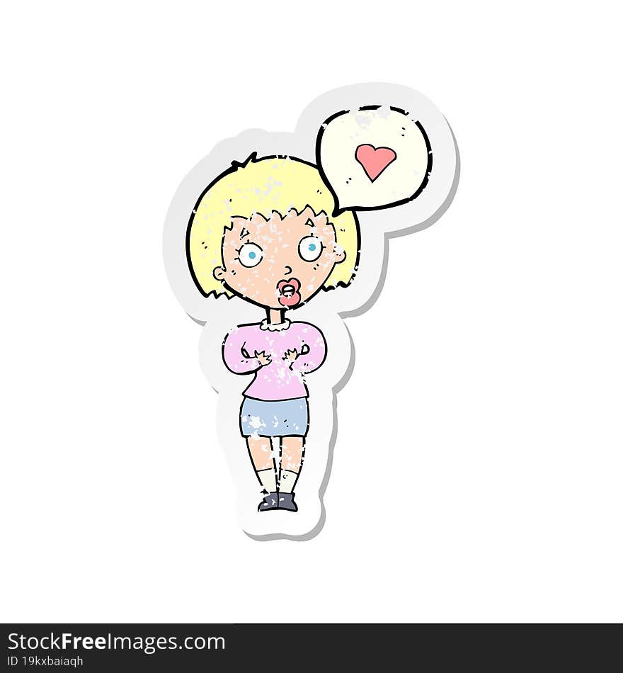 retro distressed sticker of a cartoon surprised woman in love