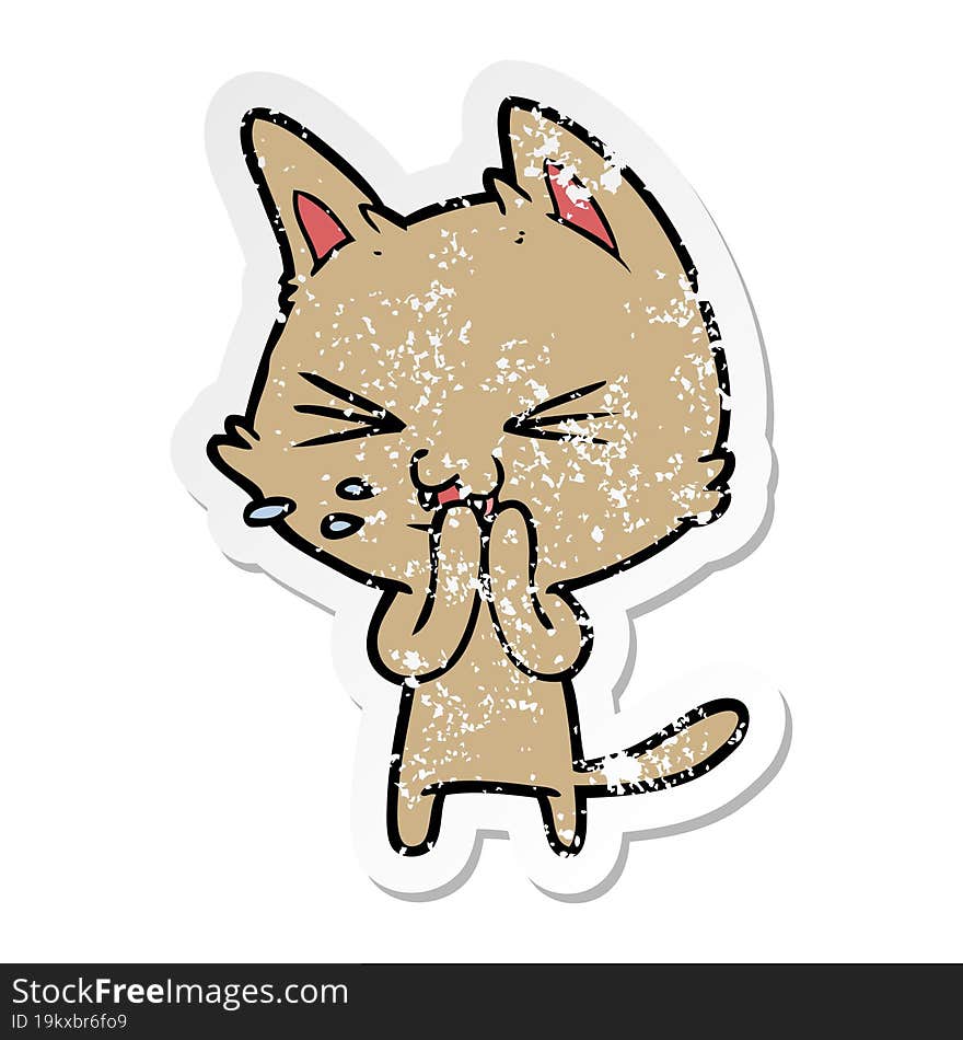 distressed sticker of a cartoon cat hissing