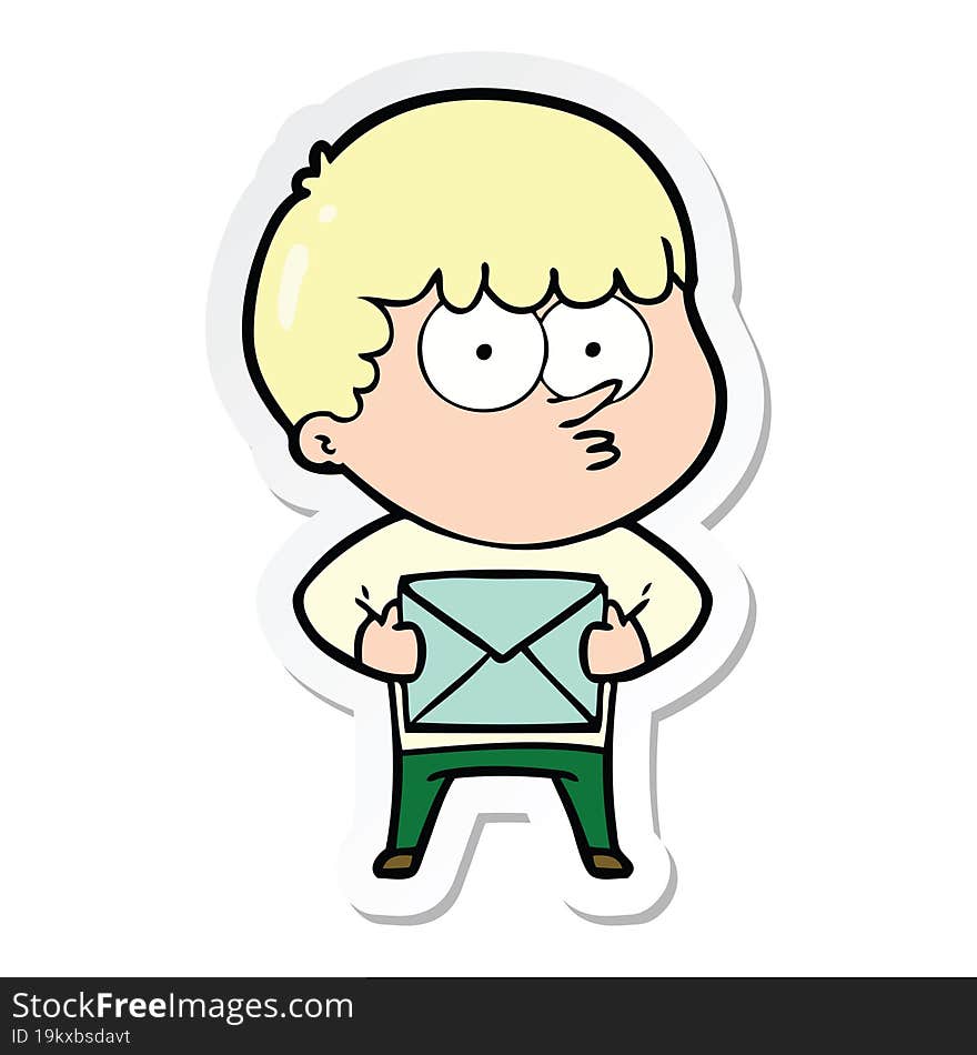 sticker of a cartoon curious boy carrying a gift