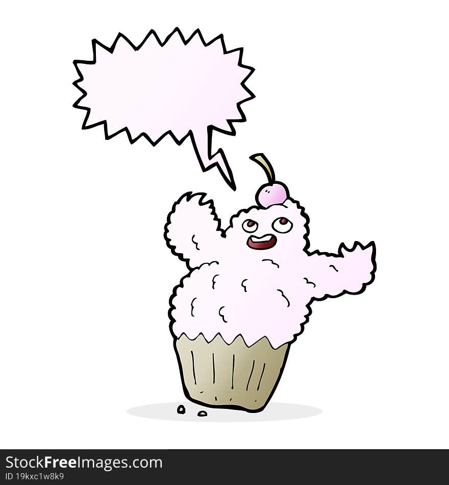 cartoon cupcake monster with speech bubble