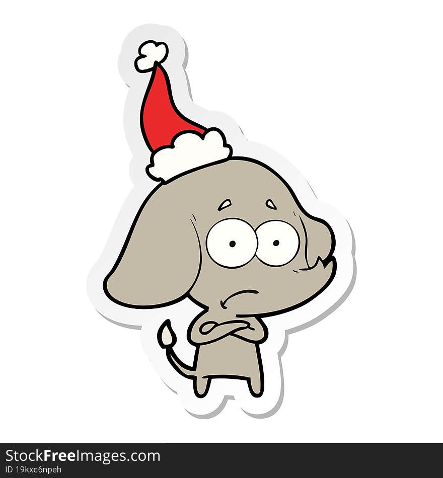 Sticker Cartoon Of A Unsure Elephant Wearing Santa Hat