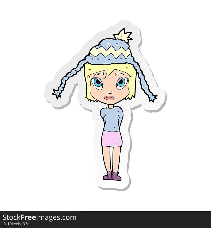 Sticker Of A Cartoon Woman Wearing Winter Hat