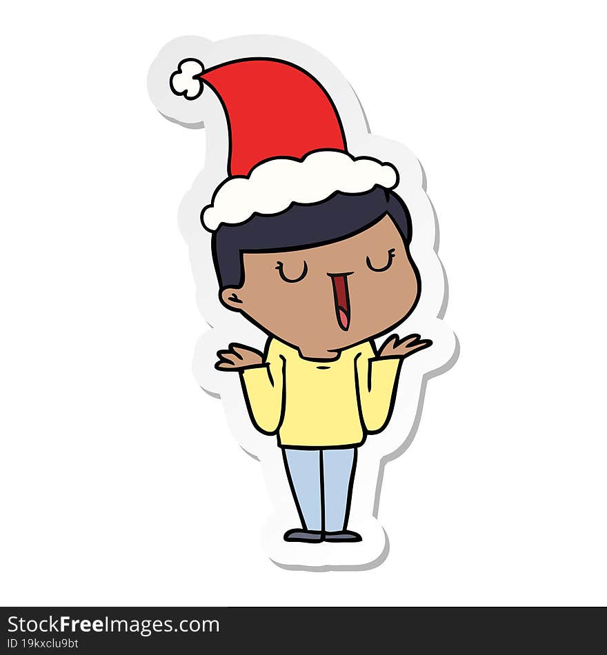 hand drawn sticker cartoon of a happy boy with no worries wearing santa hat