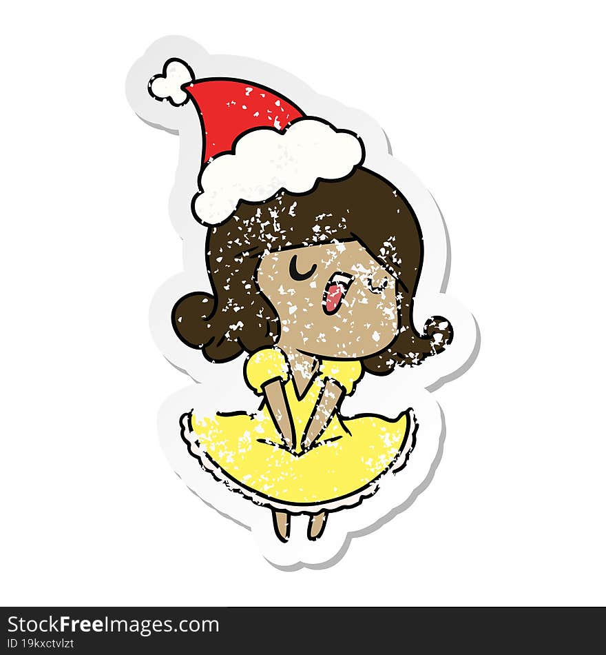 hand drawn christmas distressed sticker cartoon of kawaii girl