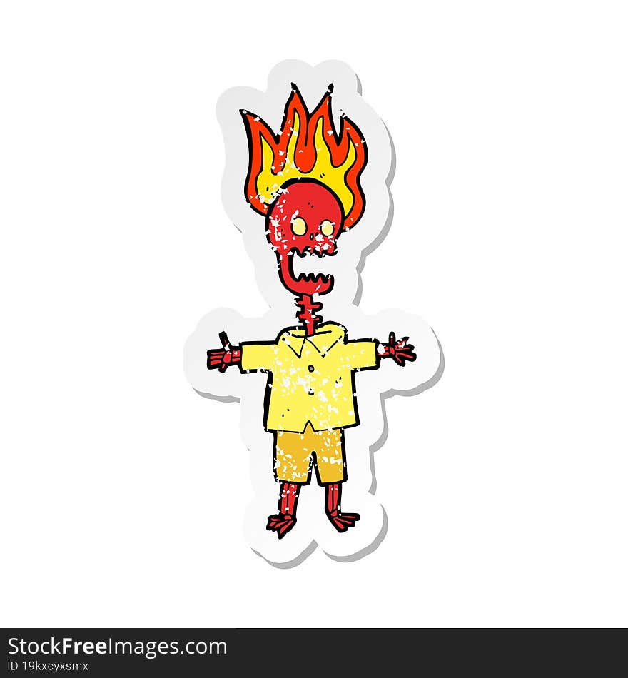 retro distressed sticker of a cartoon flaming skeleton