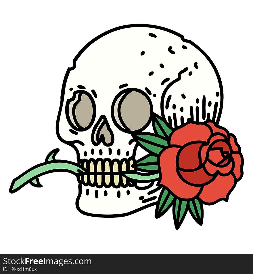 tattoo in traditional style of a skull and rose. tattoo in traditional style of a skull and rose