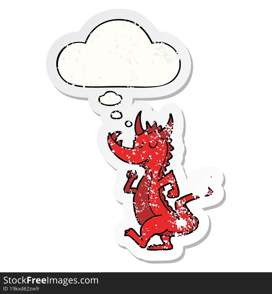 cartoon cute dragon and thought bubble as a distressed worn sticker