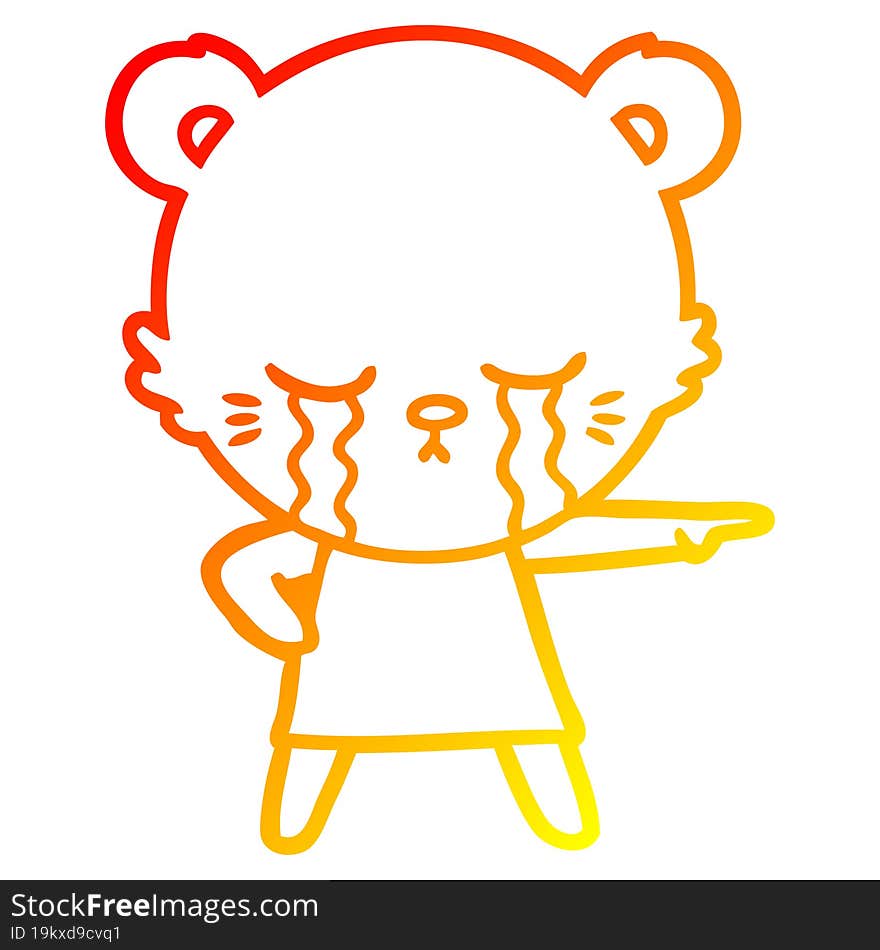 warm gradient line drawing of a crying cartoon bear in dress pointing