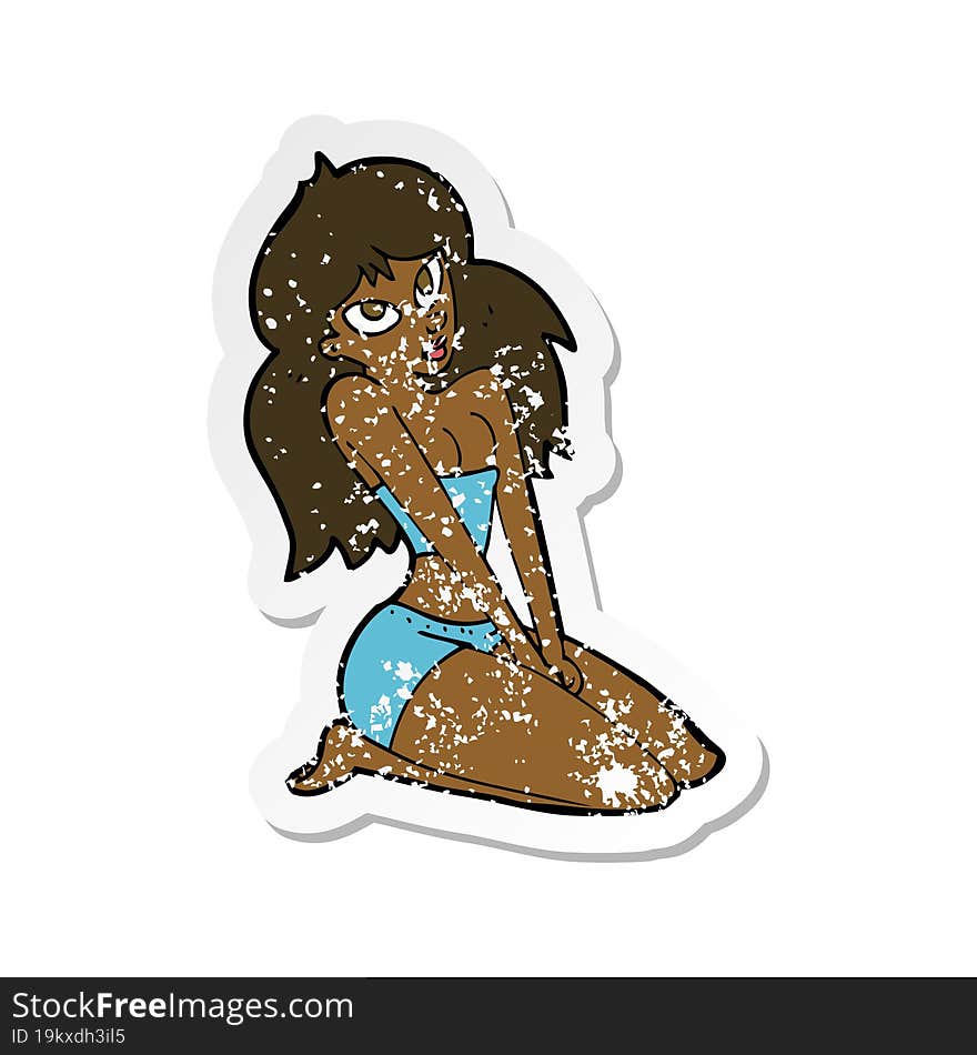 Retro Distressed Sticker Of A Cartoon Woman In Skimpy Clothing