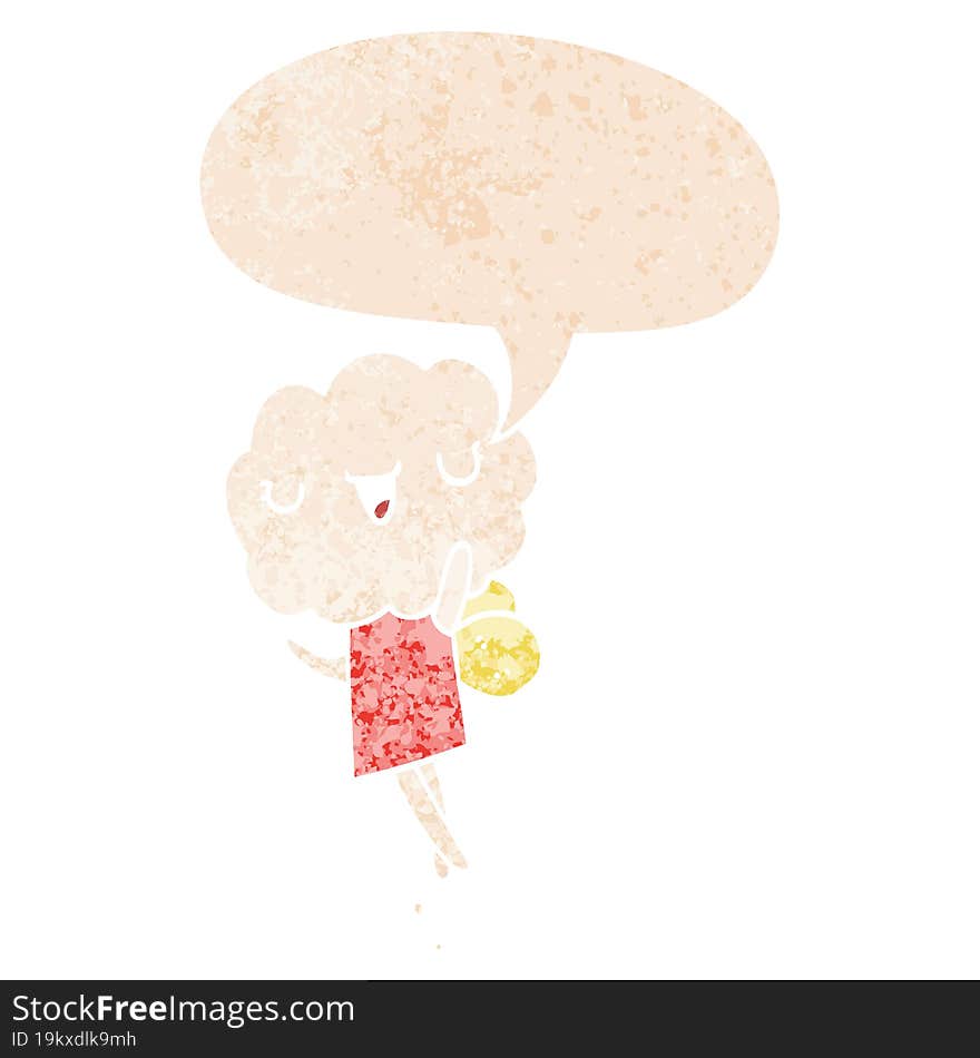 cute cartoon cloud head creature and speech bubble in retro textured style