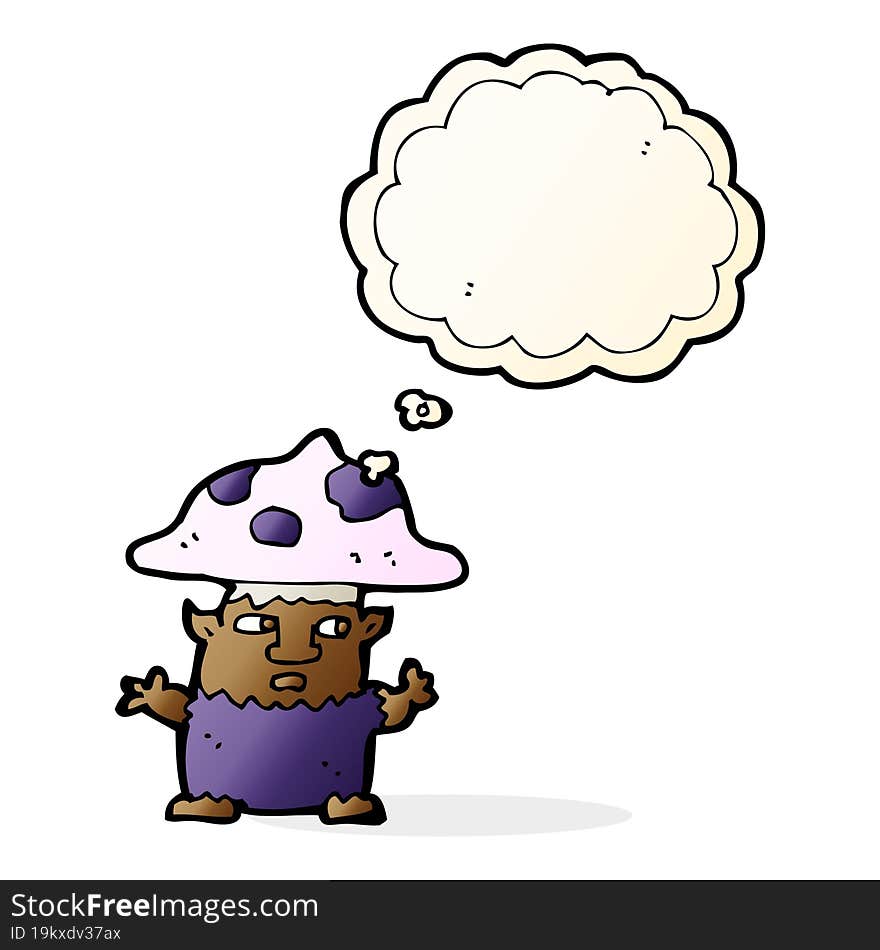 cartoon little mushroom man with thought bubble