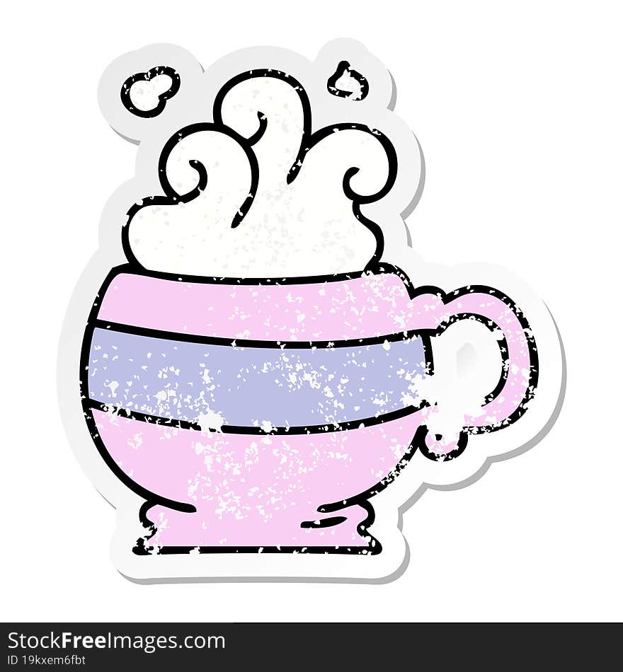 distressed sticker of a quirky hand drawn cartoon hot drink