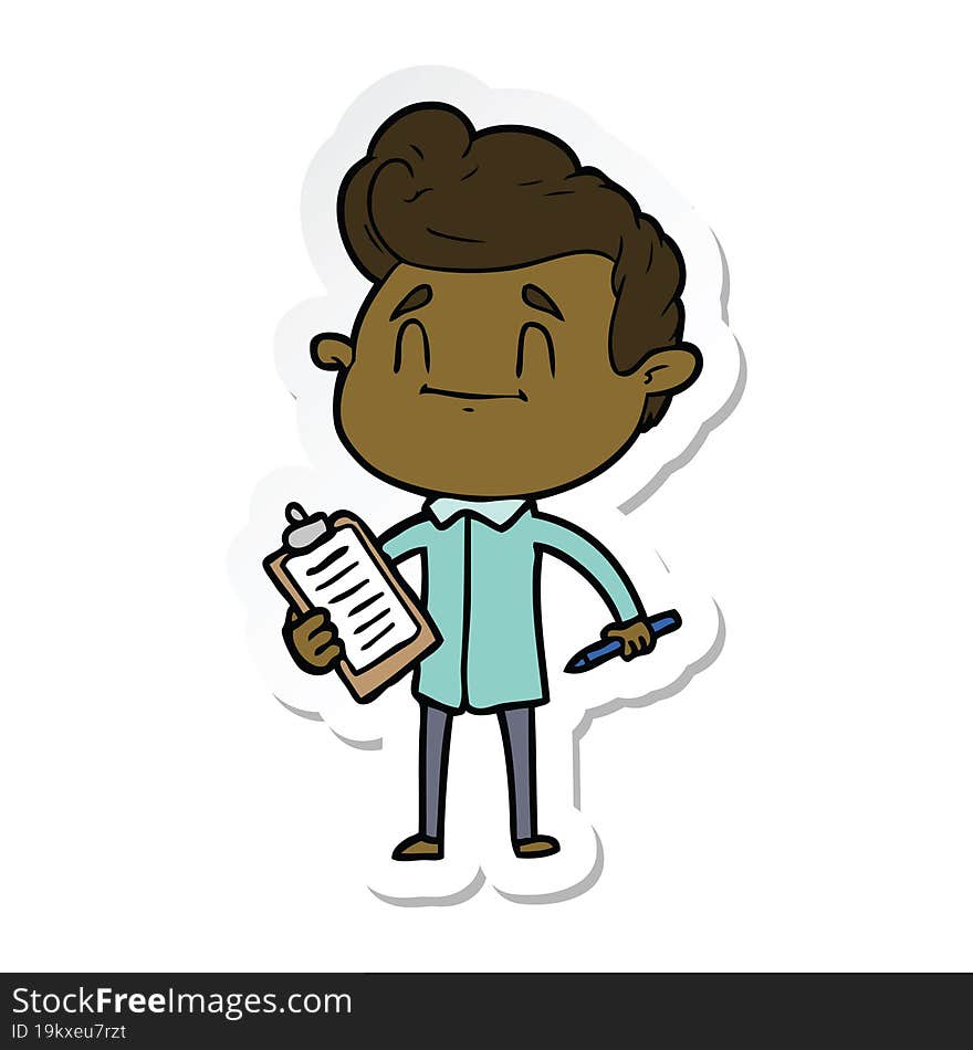 sticker of a happy cartoon man with pen and clipboard