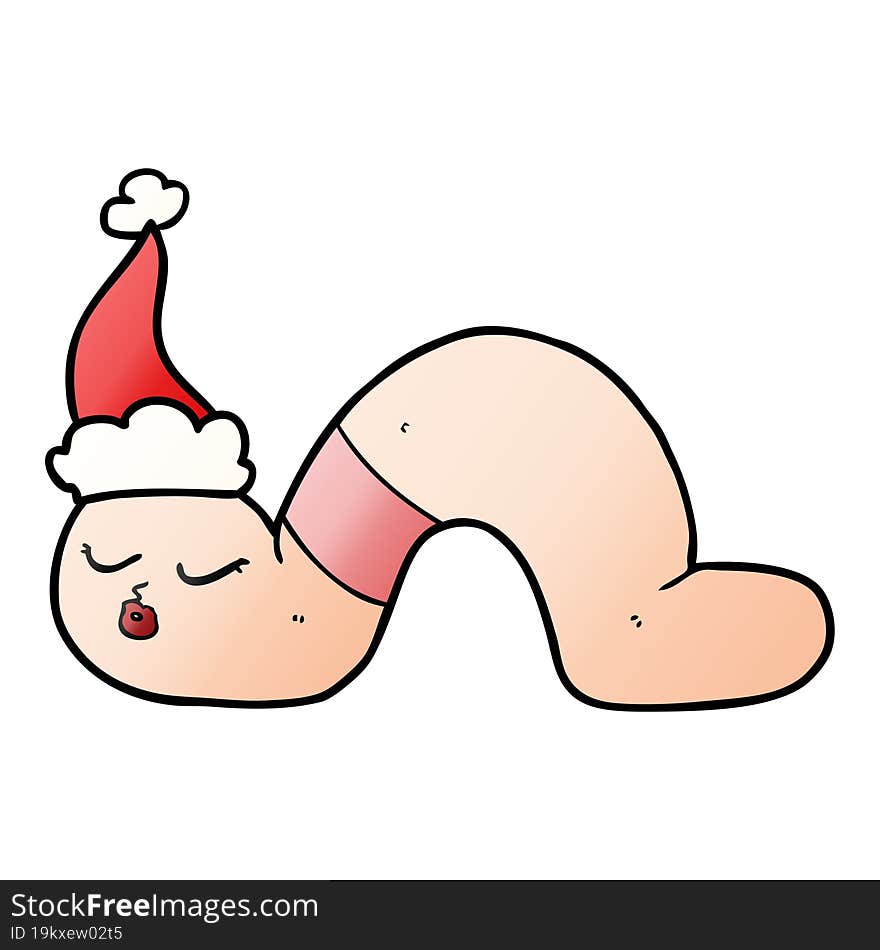 hand drawn gradient cartoon of a worm wearing santa hat