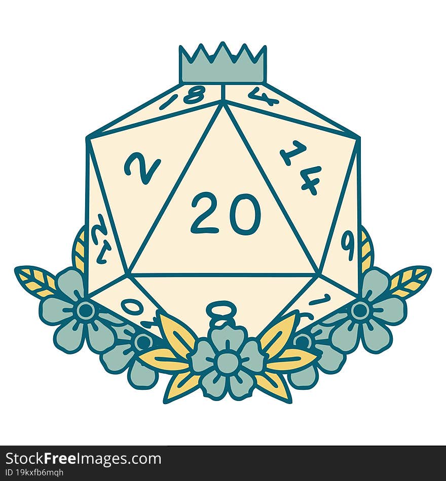 Natural 20 D20 Dice Roll With Floral Elements Illustration