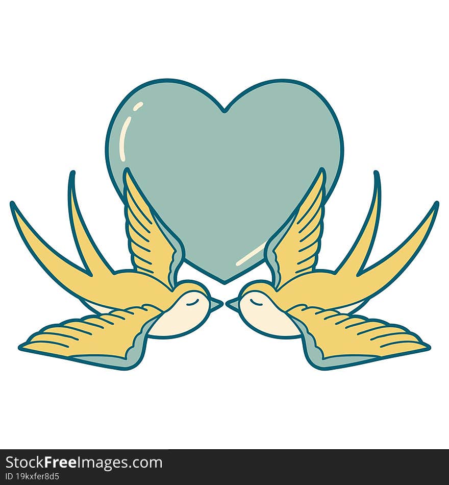 iconic tattoo style image of swallows and a heart. iconic tattoo style image of swallows and a heart