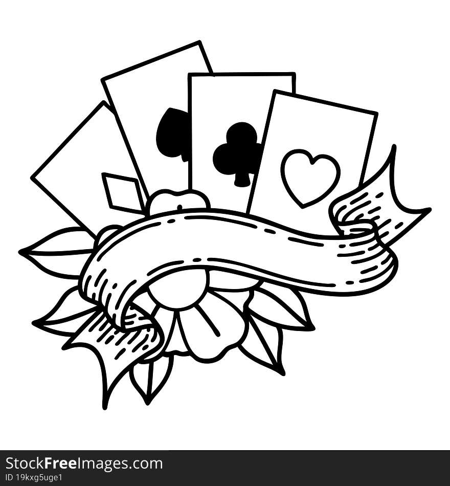 tattoo in black line style of cards and banner. tattoo in black line style of cards and banner