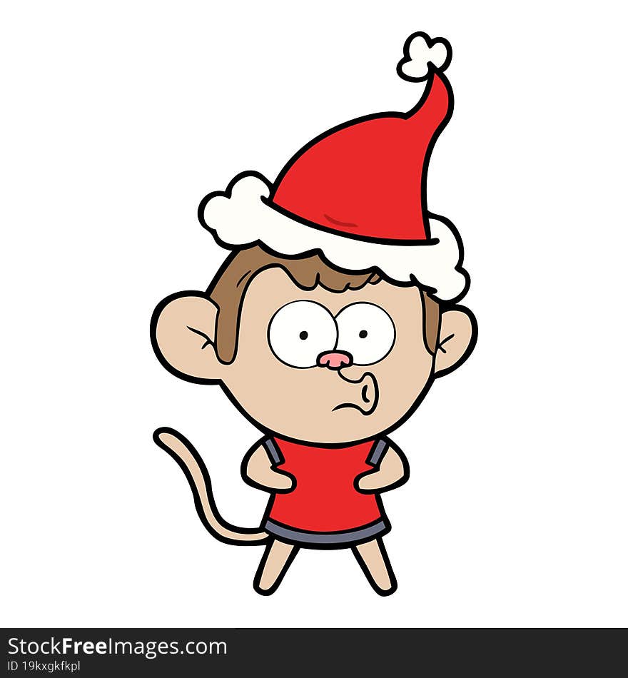 line drawing of a surprised monkey wearing santa hat