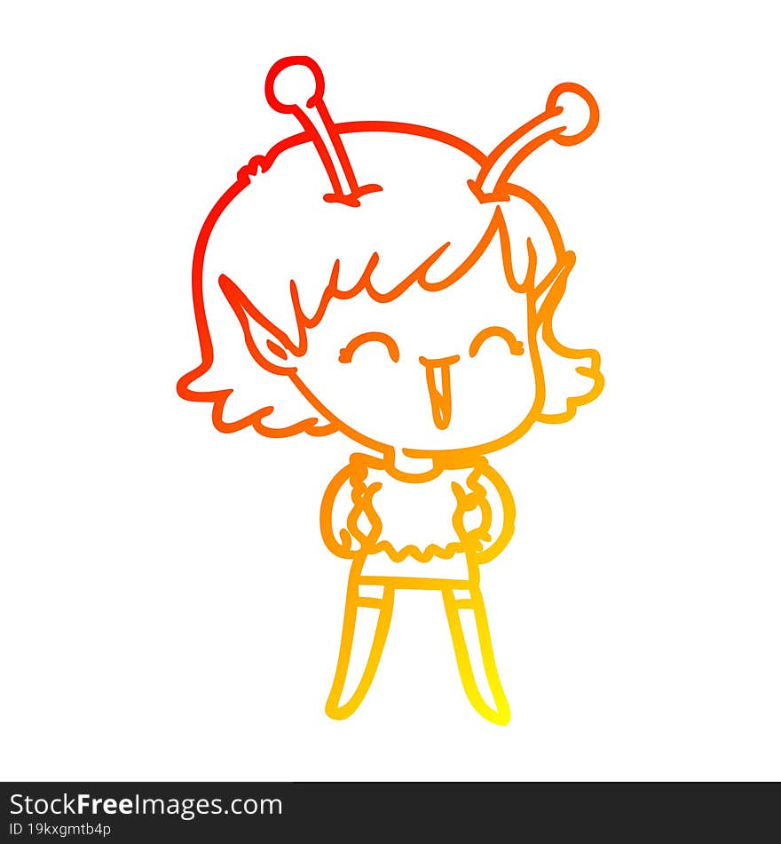 warm gradient line drawing of a cartoon alien girl laughing