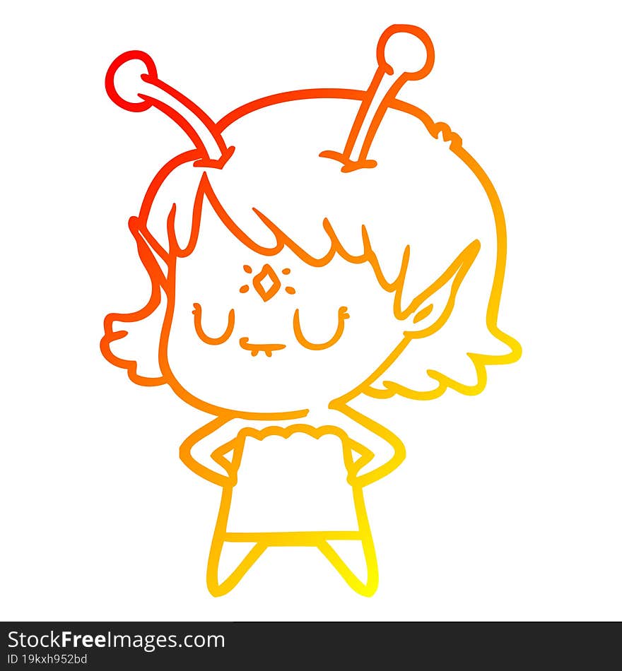 warm gradient line drawing of a cartoon alien girl