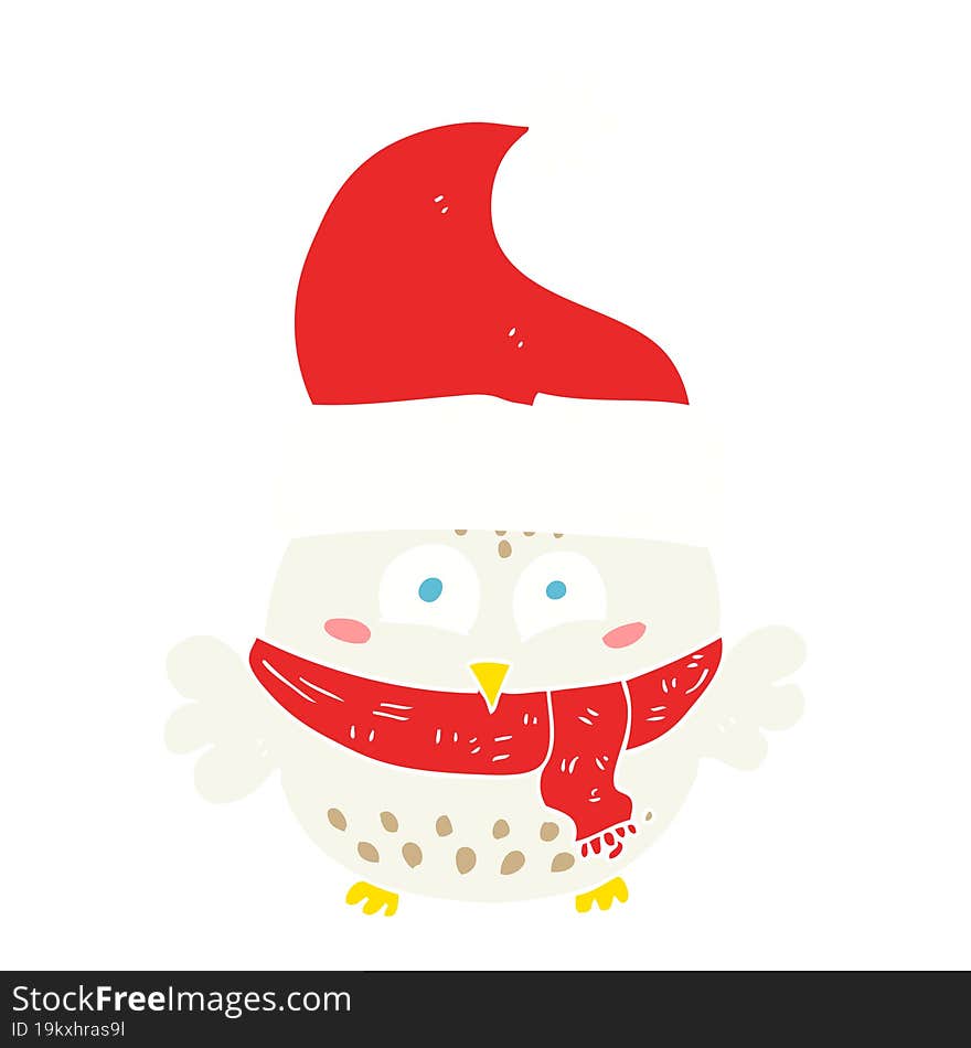 Flat Color Illustration Of A Cartoon Owl Wearing Christmas Hat