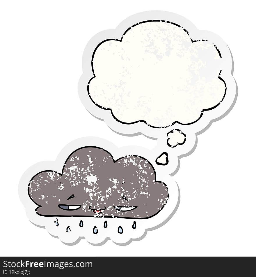 cartoon rain cloud and thought bubble as a distressed worn sticker