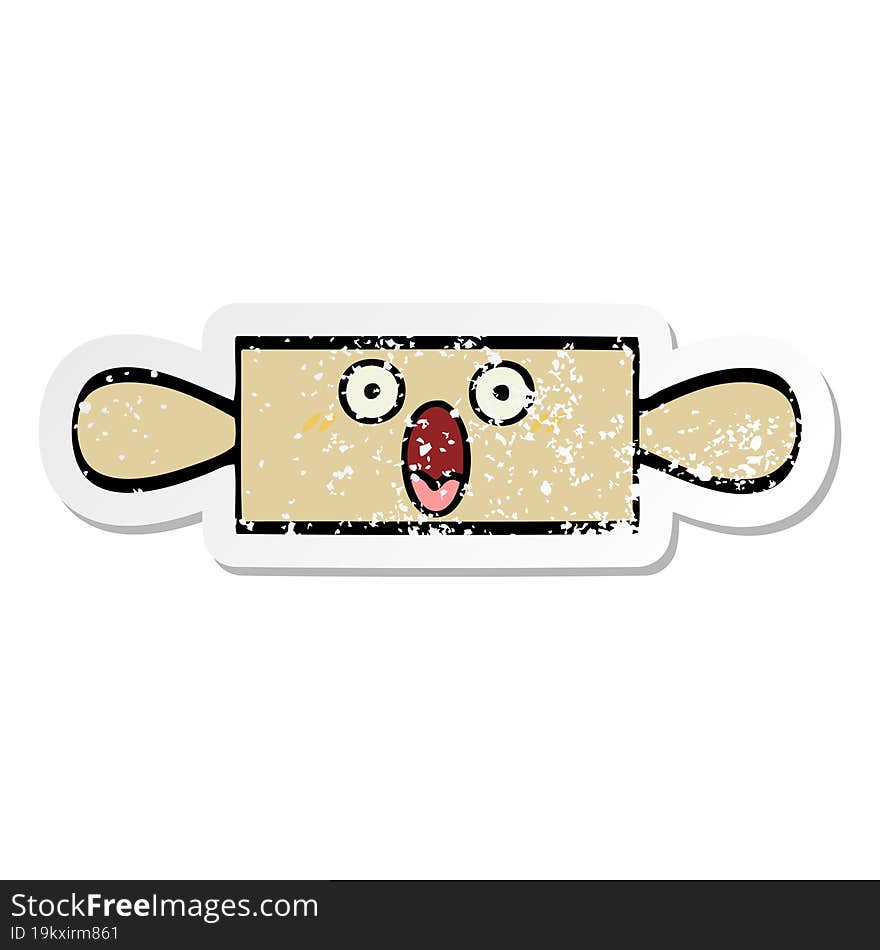 distressed sticker of a cute cartoon rolling pin