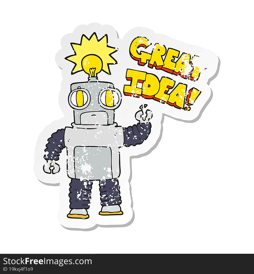 retro distressed sticker of a cartoon robot with great idea