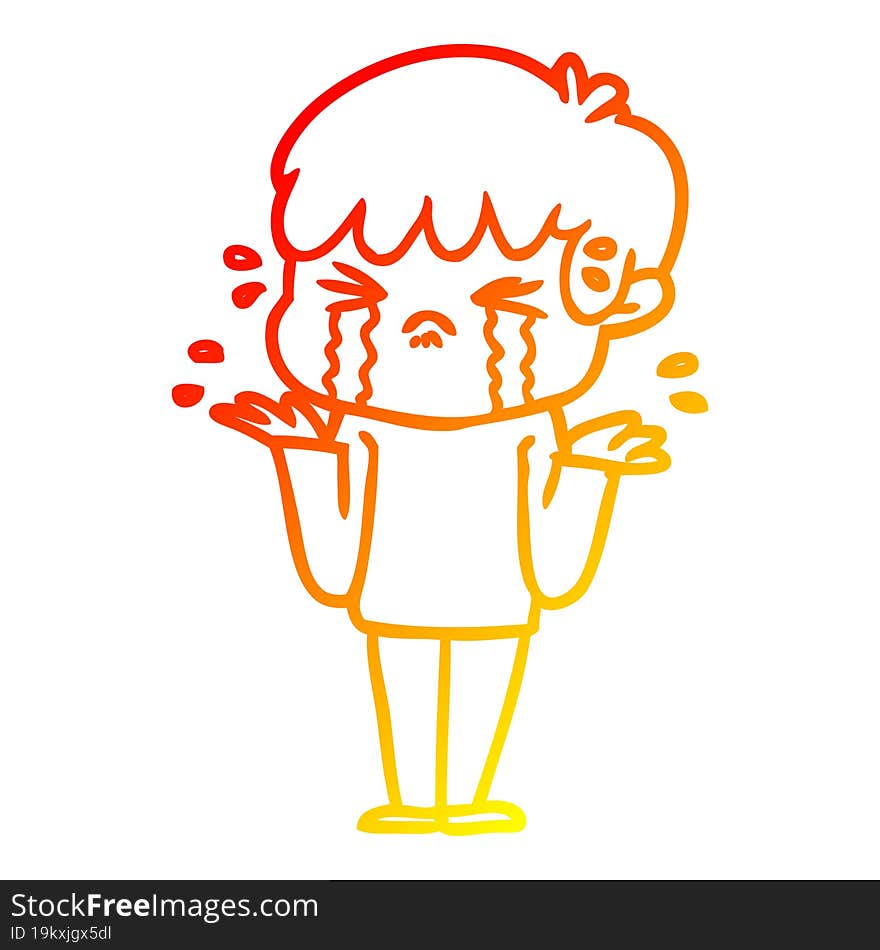 Warm Gradient Line Drawing Cartoon Boy Crying And Shrugging Shoulders