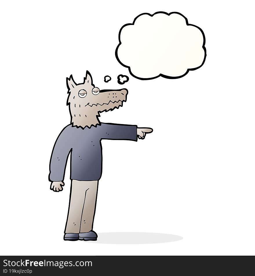 cartoon wolf man pointing with thought bubble