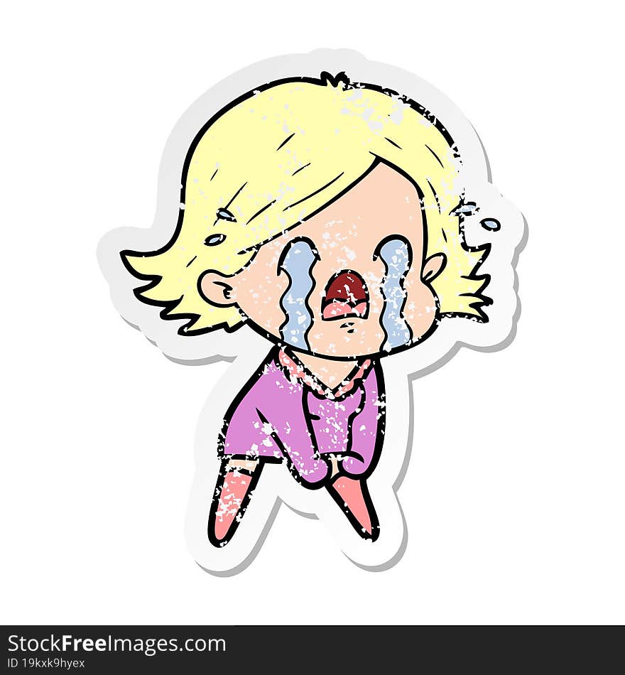 distressed sticker of a cartoon woman crying