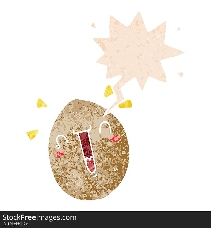 cartoon happy egg and speech bubble in retro textured style