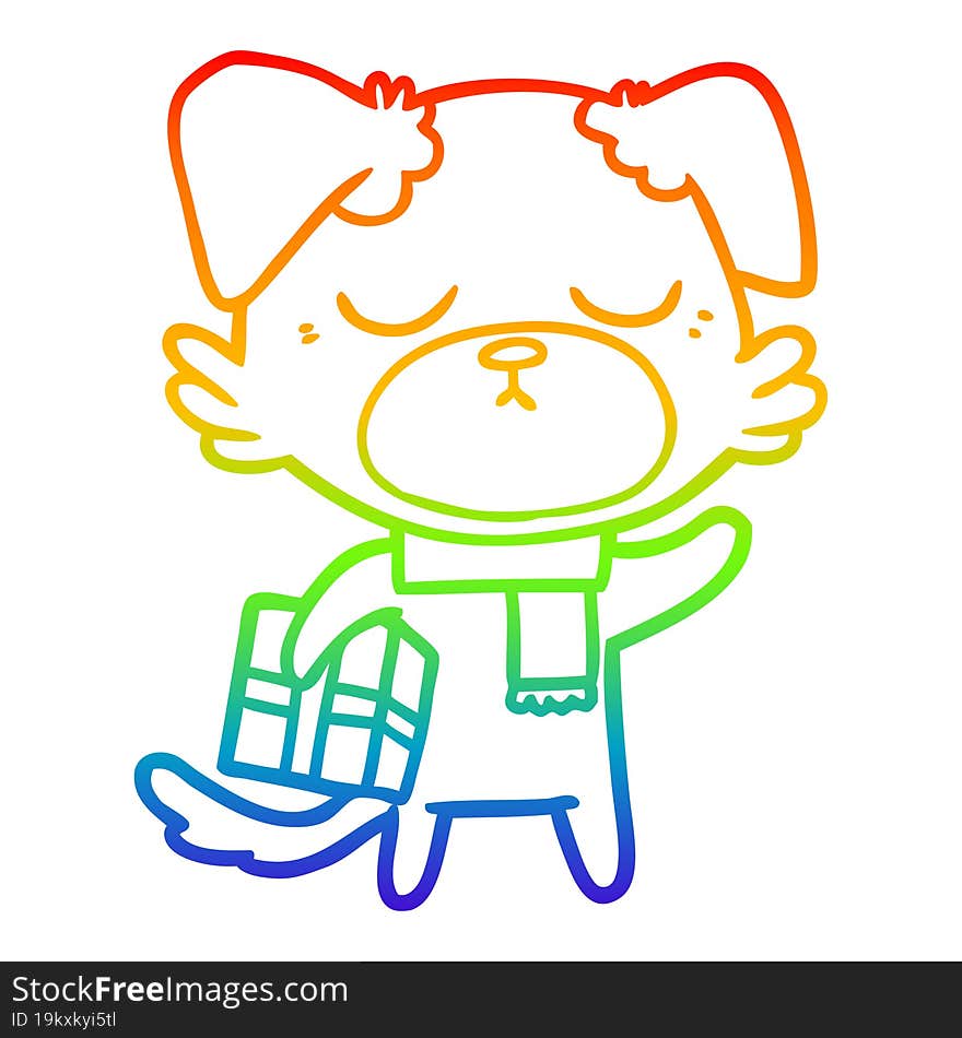 rainbow gradient line drawing cute cartoon dog with christmas present