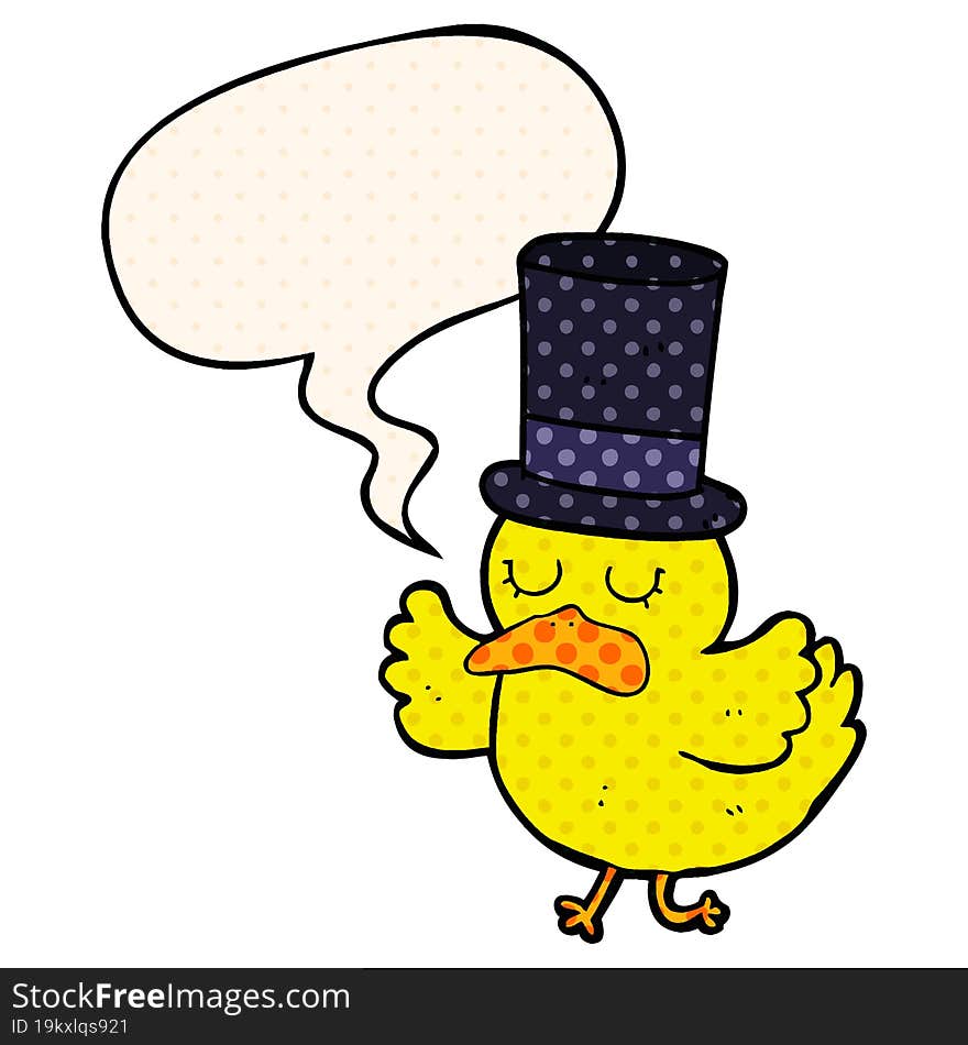 cartoon duck wearing top hat and speech bubble in comic book style