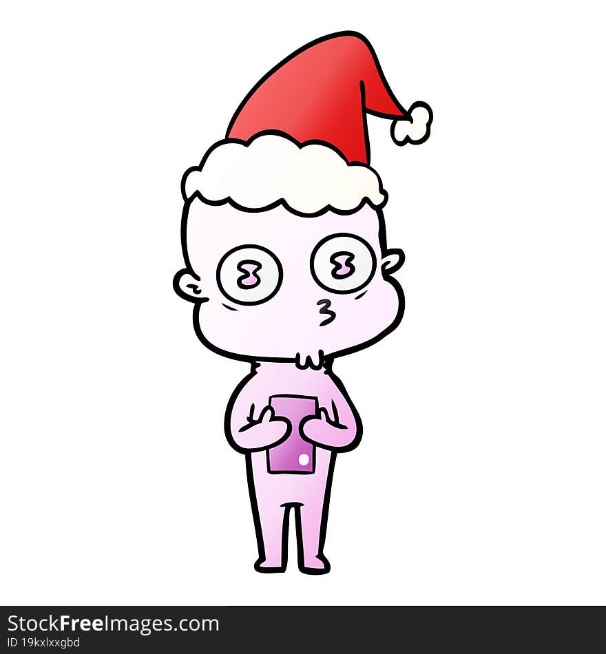 gradient cartoon of a weird bald spaceman wearing santa hat