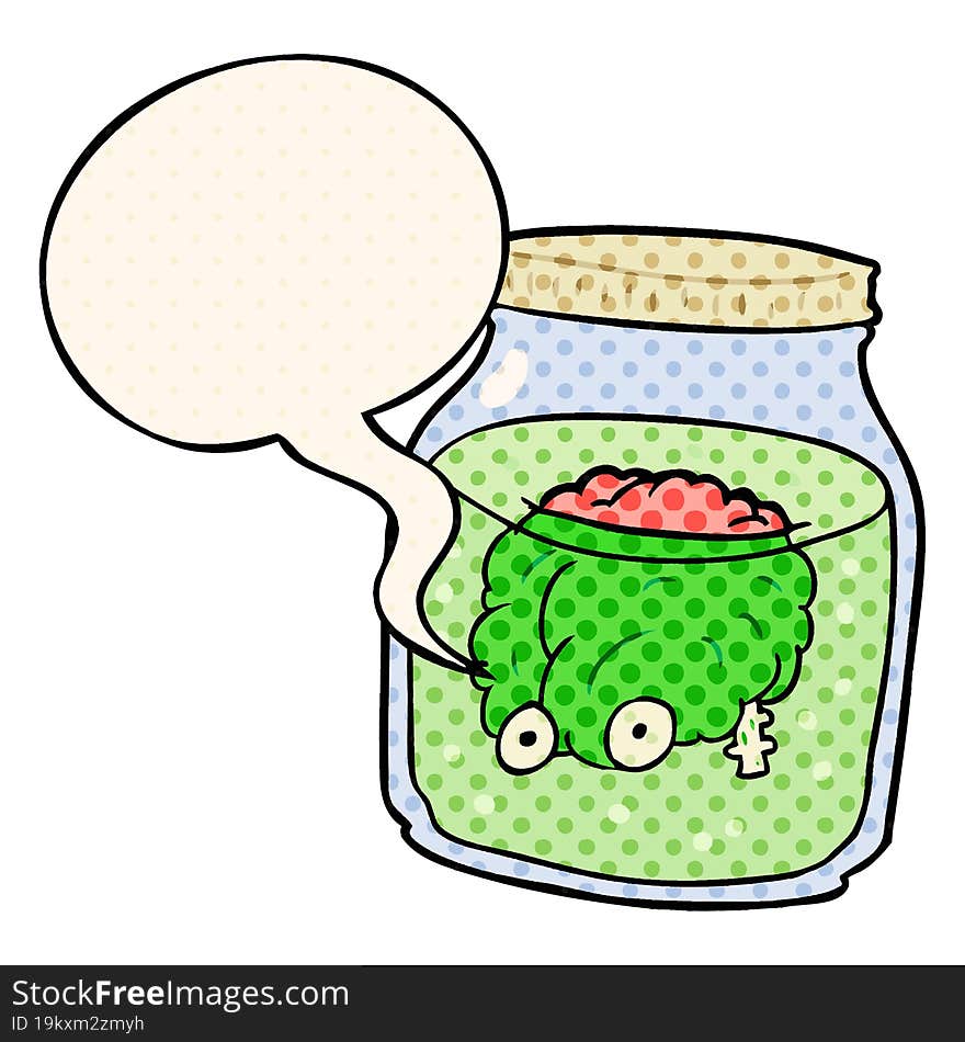 cartoon spooky brain floating in jar with speech bubble in comic book style