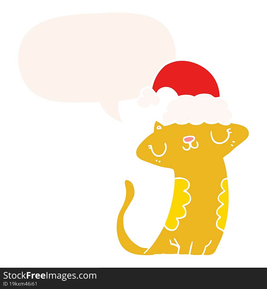 cute cartoon cat wearing christmas hat and speech bubble in retro style