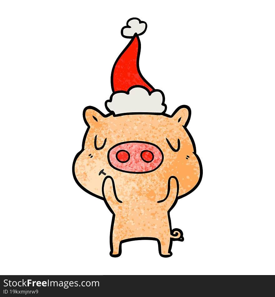 hand drawn textured cartoon of a content pig wearing santa hat