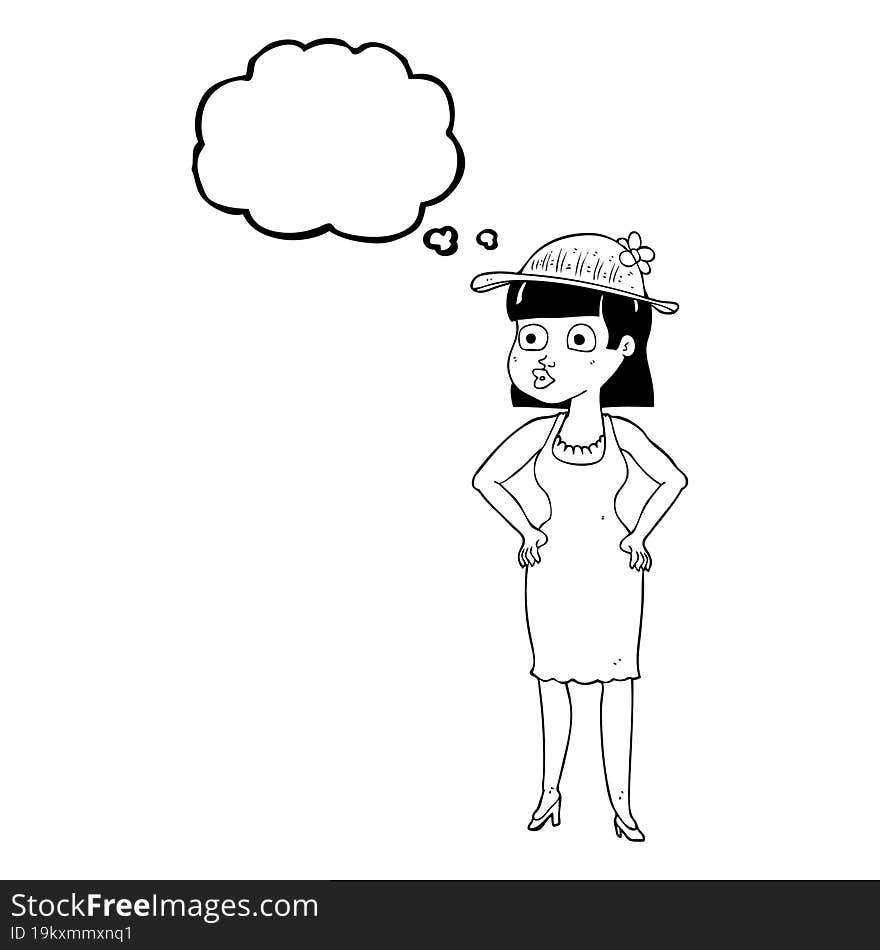 thought bubble cartoon woman wearing sun hat