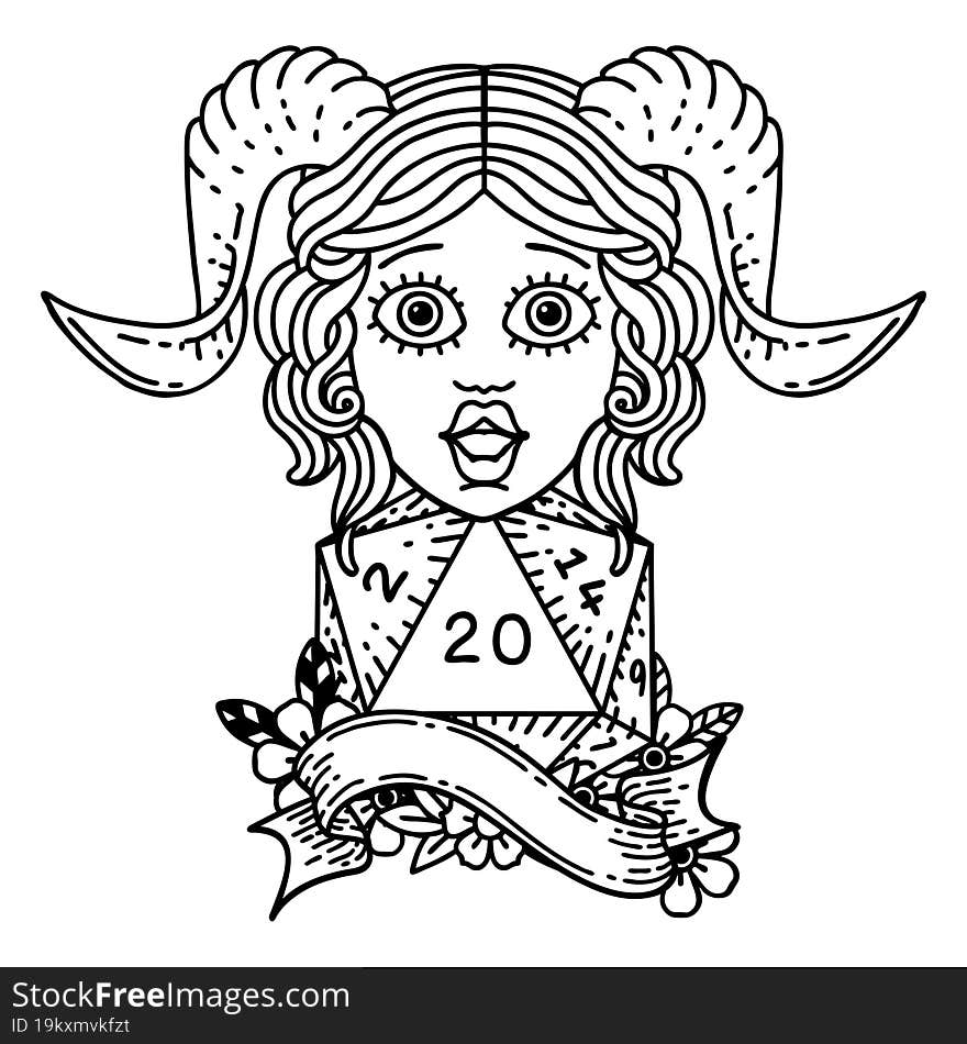 Black and White Tattoo linework Style tiefling with natural twenty dice roll. Black and White Tattoo linework Style tiefling with natural twenty dice roll