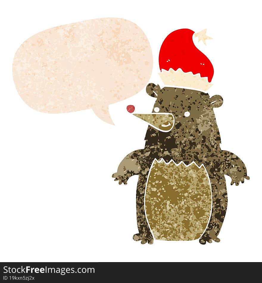 cartoon bear wearing christmas hat and speech bubble in retro textured style