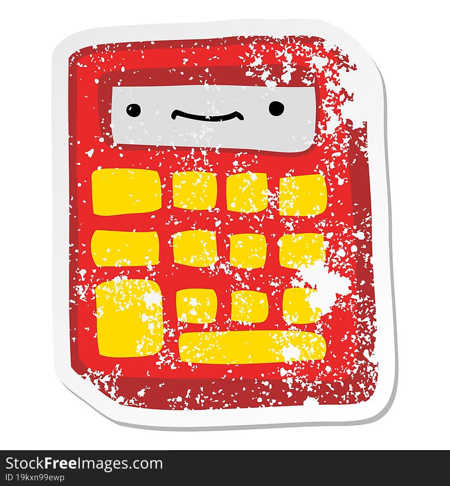 distressed sticker of a cartoon calculator